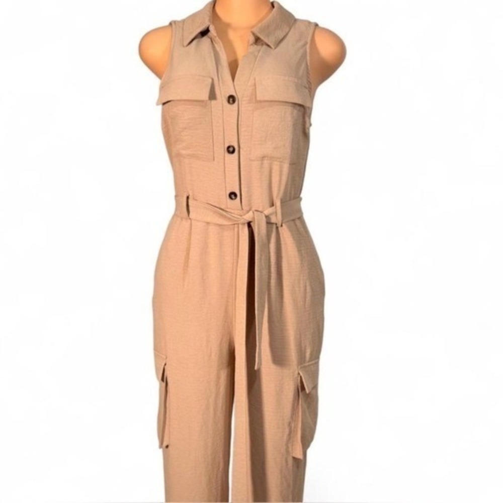 Monteau Los Angeles Tan Utility Cargo Jumpsuit Sleeveless Tie Waist Beige Medium